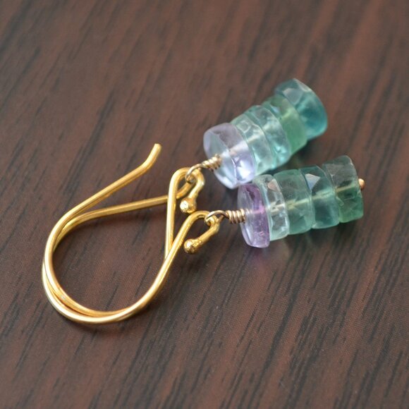Fluorite Stack Earrings in Gold Vermeil - Hand Made in Canada - Picture 3 of 10